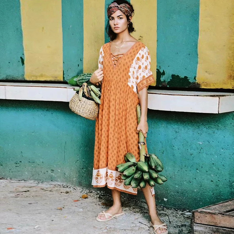 TEELYNN длинное платье 2019 вискоза orang цветочный принт boho платья Сексуальная v