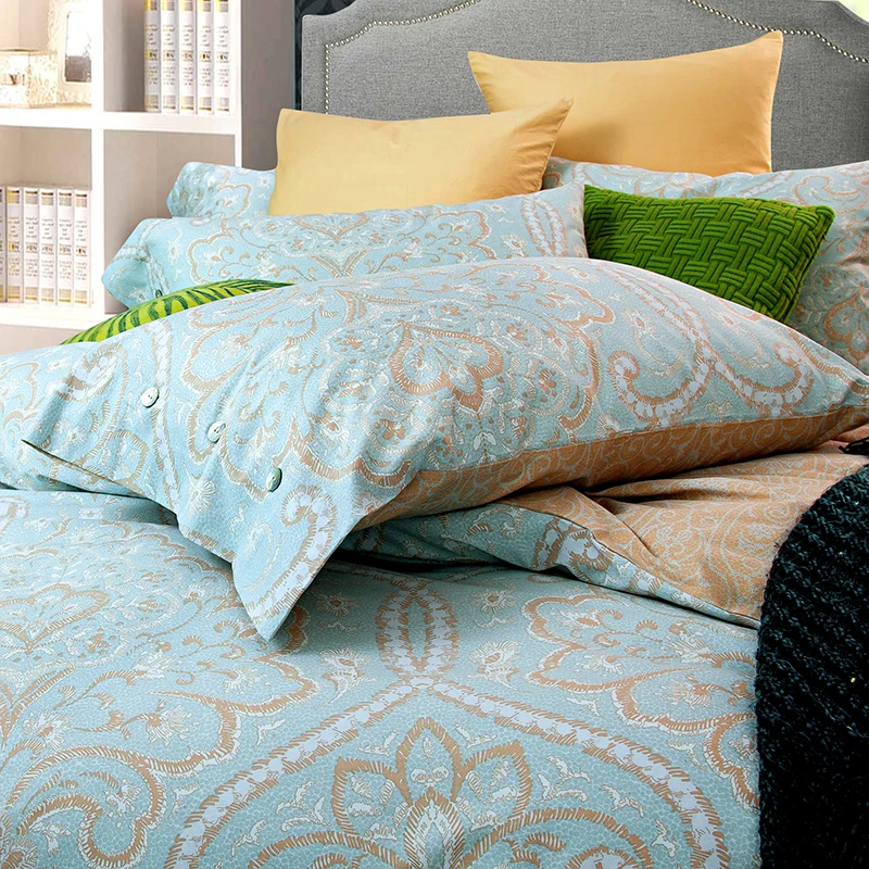 Waliicorners 4pcs 100%Cotton Printed Bedding set Button Duvet Cover set Bedsheet Pillowcases Queen King Size bed linen 52 IMG_5094