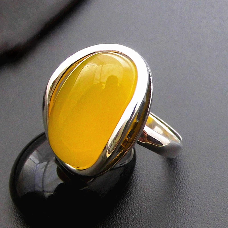 High quality 925 sterling silver simple fashion Bohemian retro girls Female jewelry rings natural yellow chalcedony lovers gift