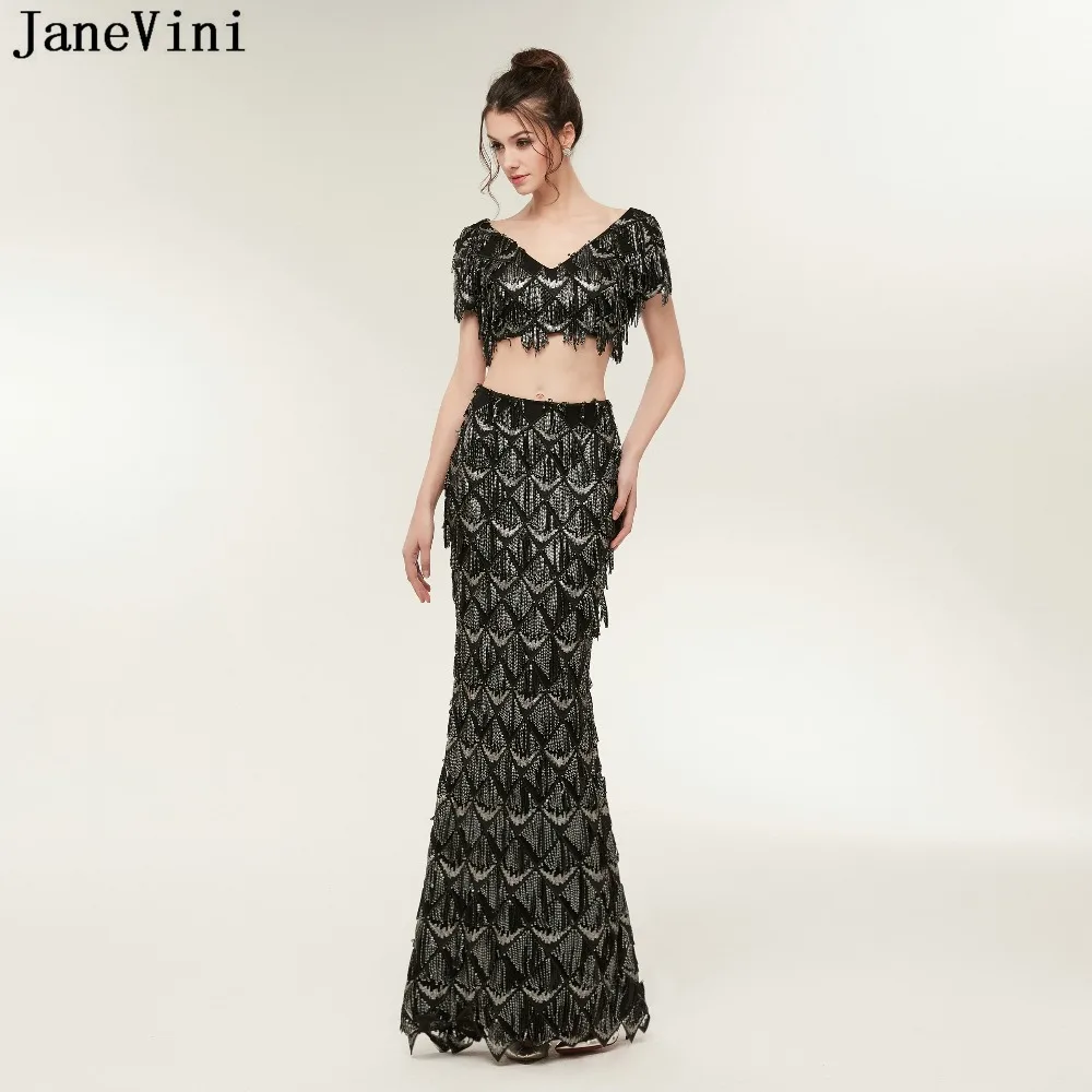 

JaneVini 2018 Sexy Black Long Bridesmaid Dresses with Sequined Tassel Two Pieces Dress Short Sleeve Mermaid Prom Gowns for Women