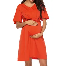 Летнее Новое модное сексуальное платье для беременных с v-образным вырезом, однотонное Бандажное платье с коротким рукавом для беременных,,, Z4