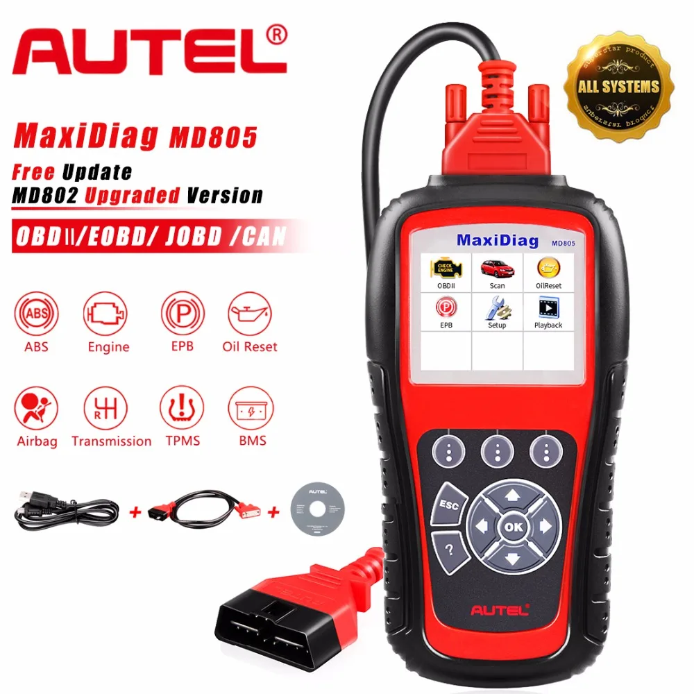 Autel MaxiDiag MD805 (MD802 Full System) Code Reader OBD2 Diagnostic Tool Support OLS/EPB/transmission/Airbag +CAN OBDII