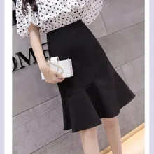 Summer High Waist Mermaid Office Skirt Empire Women New Apricot Black Knee Length Ruffles Elegant Midi Skirt