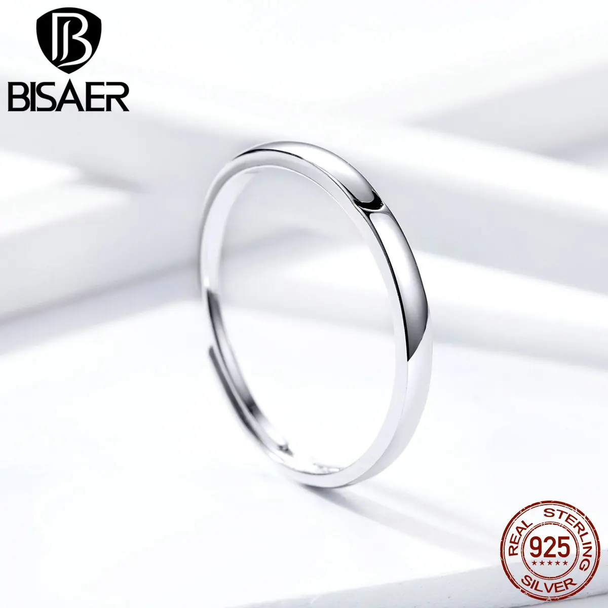 

BISAER Wedding Ring 925 Sterling Silver Classic Round Women Rings Simple Love Shape Finger Ring Engagement Jewelry ECR508
