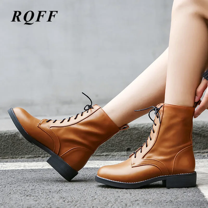 Boots Women Low Square Heel  Winter Ankle Boots 2019 Fashion Round Toe Motorcycle Boots for Brown Women's Shoes Big Size 12