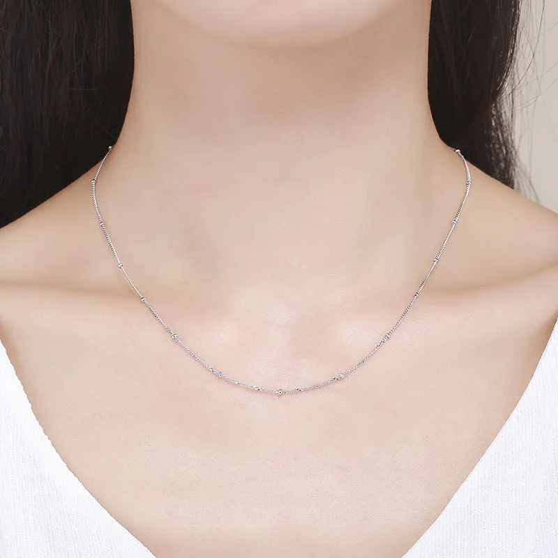 Slim 925 Sterling Silver Curb Beaded Chain Choker Necklaces Women Girls 40cm 45cm Jewelry kolye collares collane collier ketting