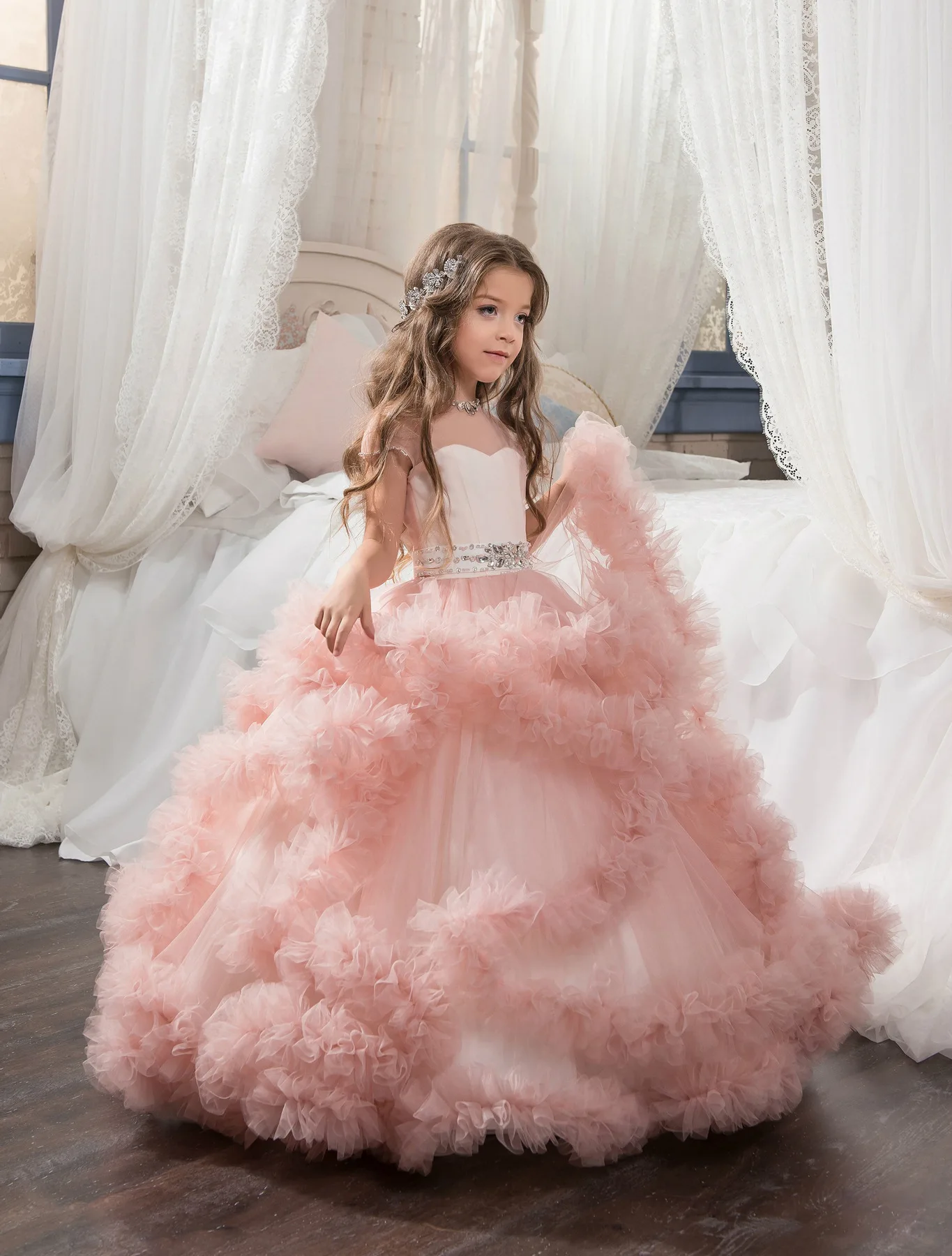 Детское платье принцессы на заказ длинное бальное платье без рукавов с цветочным узором для девочек - Цвет: pink