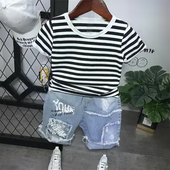 

Cotton Kids Boys Clothes Children Clothing Sets Summer Baby Boy Clothes Cute Children's Sets Striped T-shirt and denim shorts