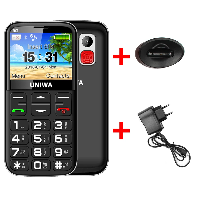 Мобильный телефон для пожилых людей, 3G, кнопка SOS, 1400 мА/ч, 2,31, 3D изогнутый экран, мобильный телефон, фонарик, фонарь, сотовый телефон для пожилых людей, Uniwa V808G - Цвет: Black Add Cradle