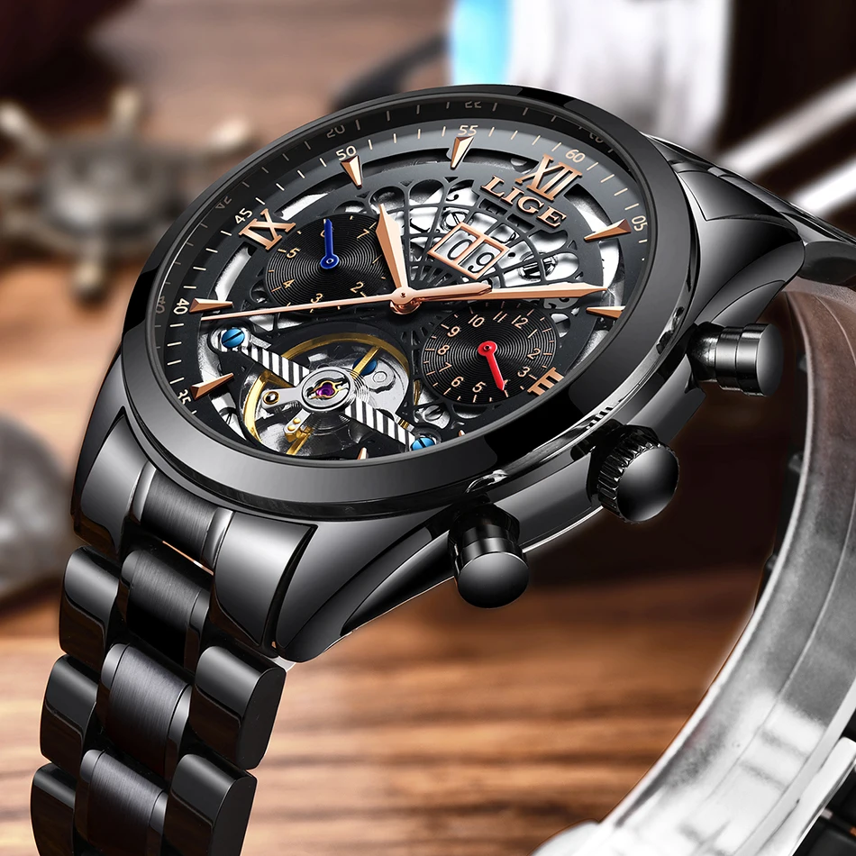 

LIGE Top Brand Mens Watches Male Skeleton tourbillon Stainless Steel Waterproof Automatic Mechanical Watch For Men Reloj Hombre