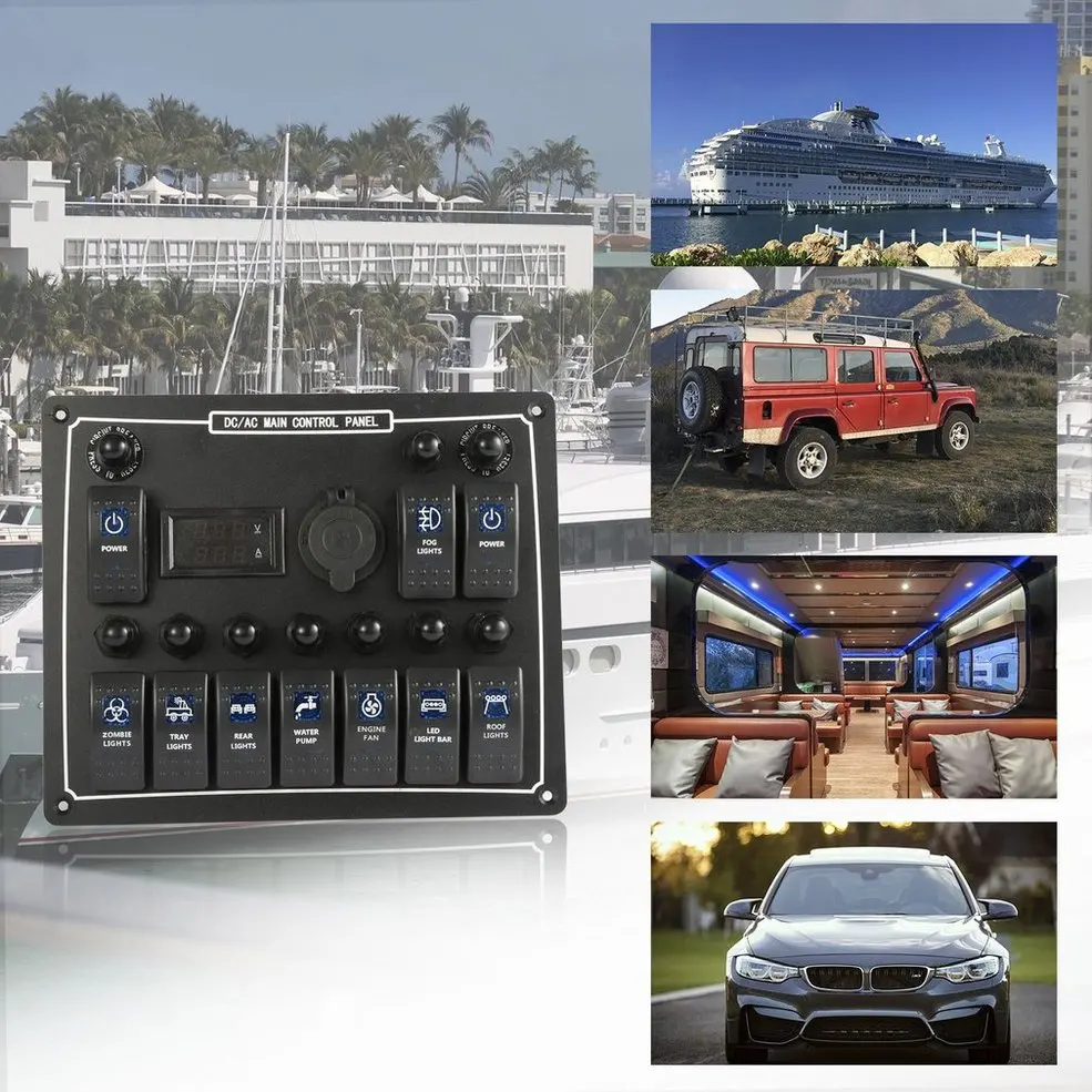 

10 Gang Waterproof Car Auto Boat Marine LED AC/DC Rocker Switch Panel Dual Power Control Overload Protection 15A DC Output