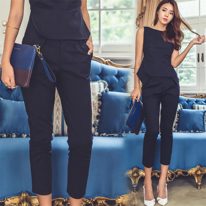 Летний модный однотонный офисный женский костюм Изящная блуза без рукавов с круглым вырезом+ укороченные штаны корейский комплект из 2 предметов 64412