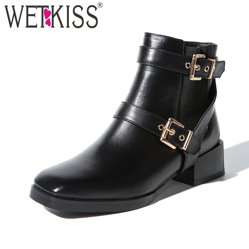 

WETKISS 2018 New Style Buckle Strap Ankle Boots Brand Natural Leather Autumn Boots Designer Square Toe Women Shoes Thick Heel