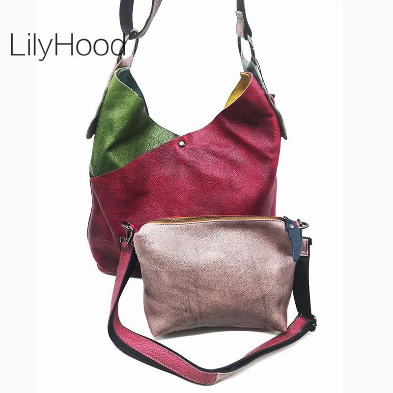 

2PCs/Set Patchwork Cowhide Leather Hobo Bag Women Vintage Genuine Leather Shoulder Bag Female Retro Cow Leather Messenger Bag