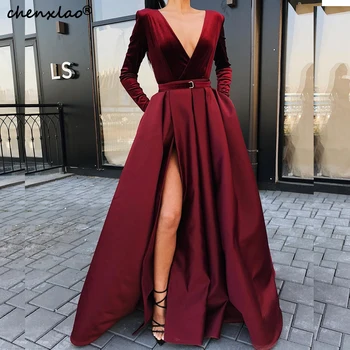 

2019 Burgundy Evening Dress A-Line Deep V-Neck Full Sleeves Split Floor Length Formal Party Gowns Long Evening Dresses Vestidos