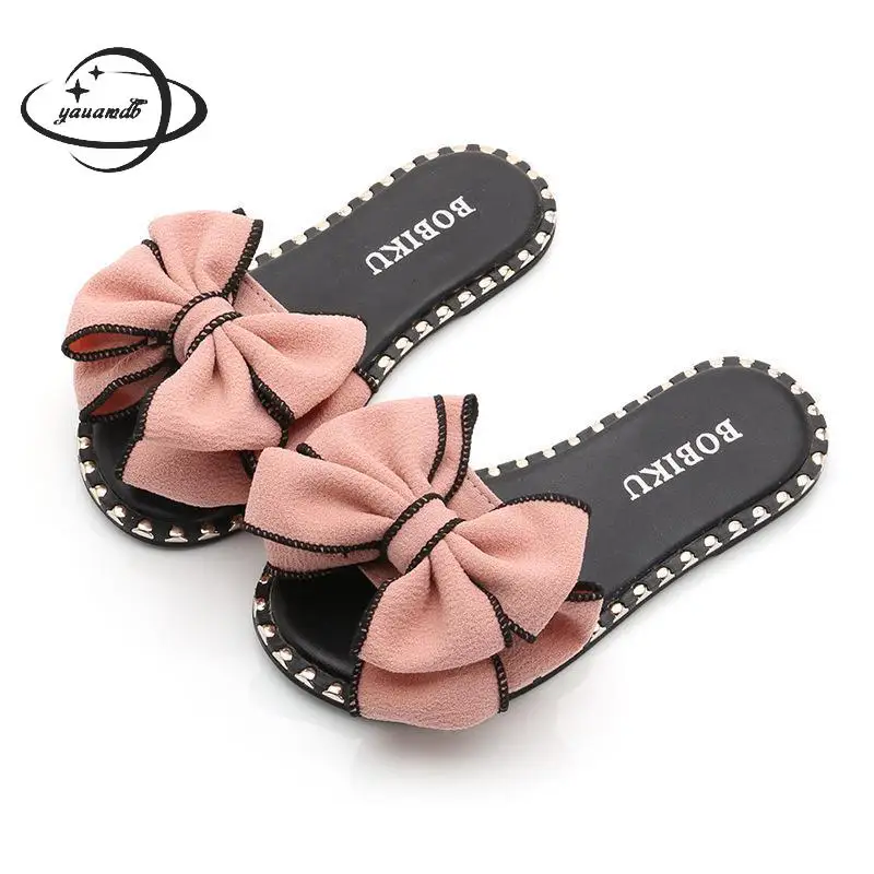 

YAUAMDB kids slippers summer girls flip flops shoes bow solid flat soft bottom breathable antiskid fashion children shoes ly27