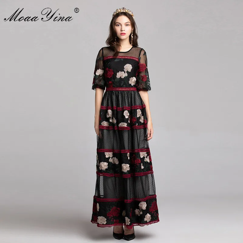 MoaaYina, модное дизайнерское подиумное платье, весна-лето, женские сетчатые сплайсированные Цветочные вышитые сексуальные элегантные вечерние платья макси