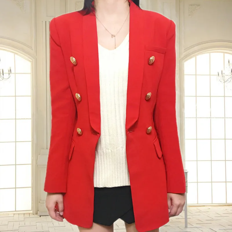 New Euramerican Fashion 2019 Designer Blazer Women's Long Sleeve Double Breasted Metal Lion Buttons Long Blazer Outer Wear