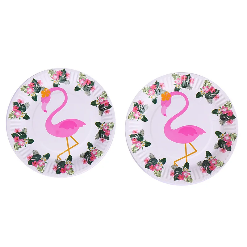 

10pcs/lot Kids Favors Food Grade Paper Plates Baby Shower Flamingos And Flowers Happy Birthday Decorate Wedding Party Tableware