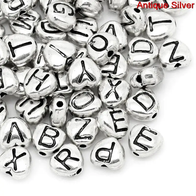 Zinc metal alloy Spacer Beads Heart silver color Letter Pattern At Random About 8mm x 7mm Hole:Approx 1.6mm 10 PCs new | Украшения и