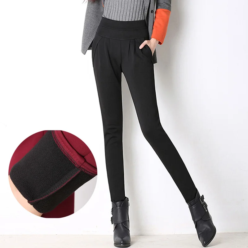 GECADYNY/Новинка года, высококачественные штаны-шаровары, женские зимние тонкие штаны, плюс плотные бархатные теплые брюки, большие размеры, S-6XL - Цвет: Black  black velvet