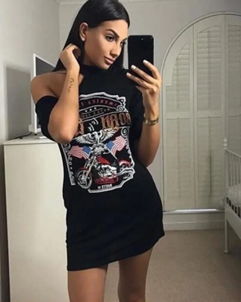 Женское мини платье на одно плечо с принтом черепа Орла и мотоцикла|mini dress|dress