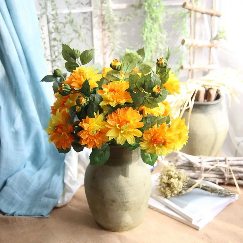 10PCS Artificial Flowers Bouquet 3 Heads Dahlia Vivid Fake ...