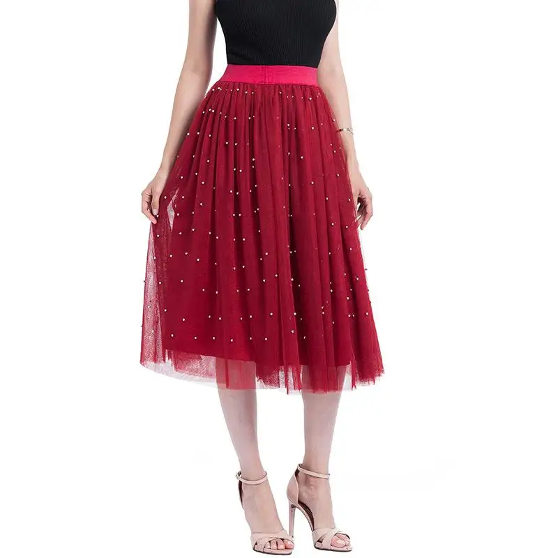 

Beading Tulle Skirt 2019 Autumn Mesh Tulle Skirt Female Silver Pearl Tutu Elastic Waist Vintage Pleated Skirts for Womens Gift