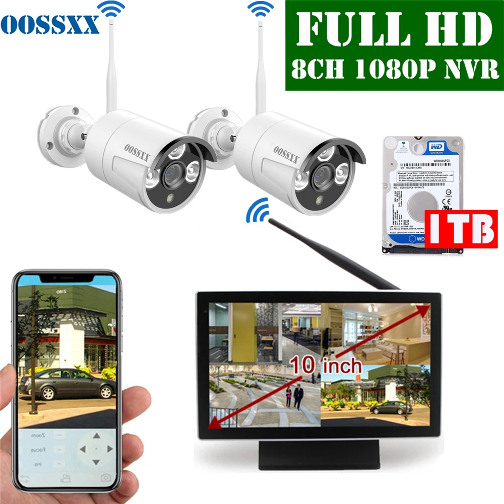 OOSSXX 8CH 1080P Wireless NVR Kit 10' Monitor Wireless CCTV 2pcs 1080P Indoor Outdoor IP67 Camera Video Surveillance System