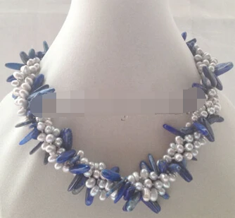 

free shupping 08148 4row gray baroque rice freshwater pearl + lapis lazuli necklace