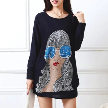 

2019 new Long-sleeve O-neck cashmere sweater casual print tunic thin fashion pullovers tops cotton and polyester