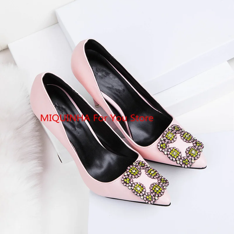 

Pointed Toe Colorful Crystal Square Buckle Design Women Pump Luxury Brand High Thin Heel Super Star Runway Wedding Shoe Stiletto