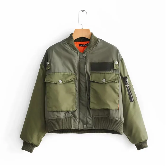 Women Casual Army Green Autumn-Winter Za Bomber jacket Fashion Green Oversize Short CoatOutwear Warm Jacket casaco feminino