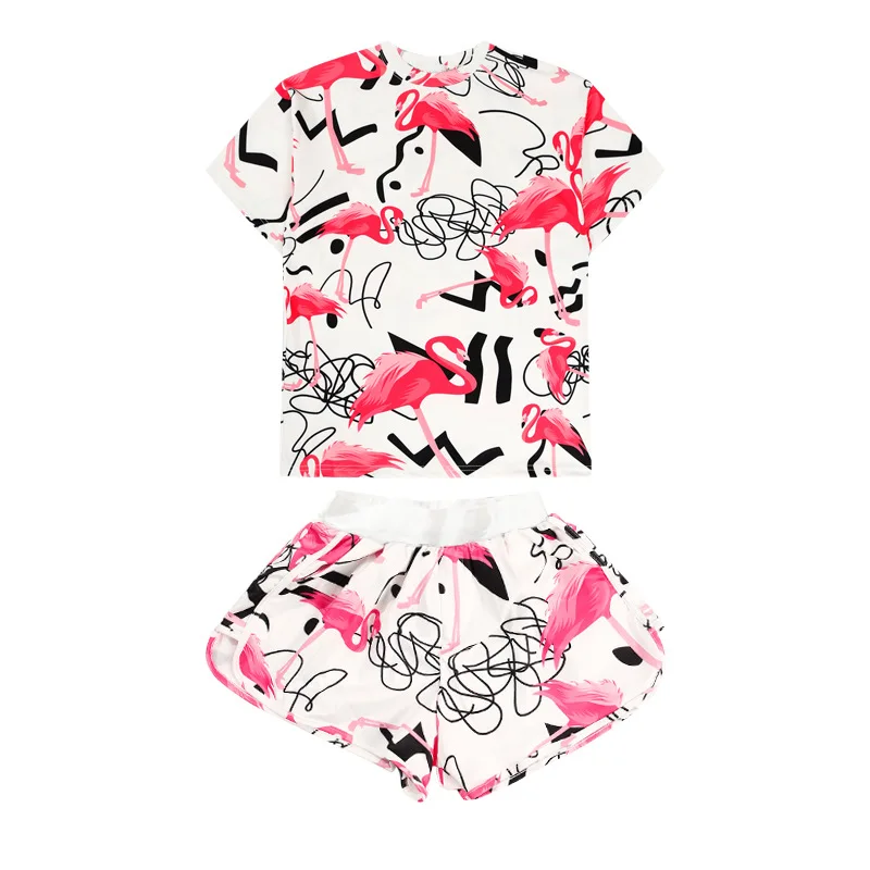 

Summer new short-sleeved two-piece suit loose T-shirt flamingo Harajuku elastic waist shorts two-piece short-sleeved women
