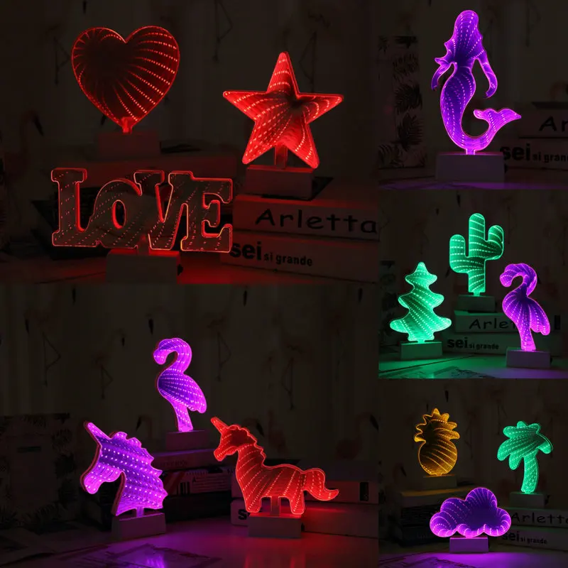Ascher New LED 3D Tunnel Neon Holiday Lighting Flamingo Mermaid Cactus Christmas Tree Cloud Star Table Night Lamp Kid Gift Decor