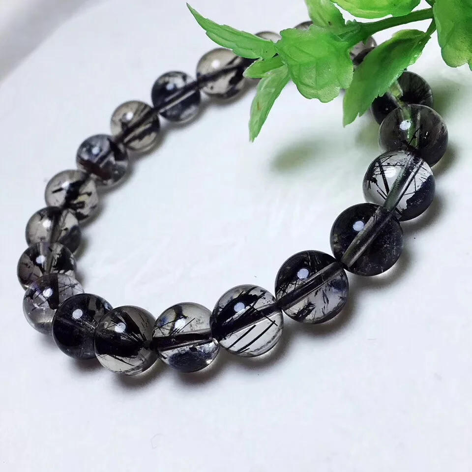 

9.2mm Genuine Natural Black Rutilated Quartz Bracelet Gems For Women Men Gift Crsytal Bracelets From Brazil Round Beads AAAAA