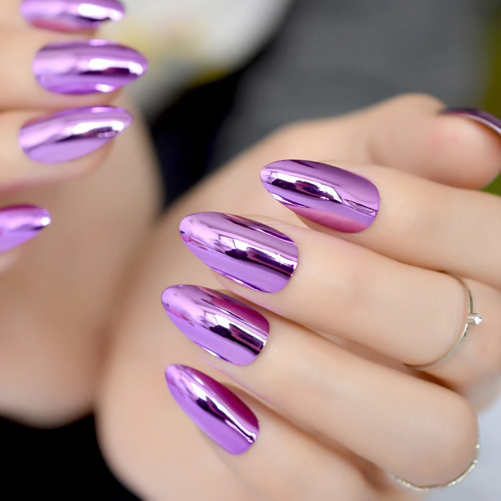 Фиолетовые акриловые накладные ногти, металлические зеркальные накладные ногти, средние острые ногти-стилеты для женщин, вечерние накладные ногти, горячие продукты N27