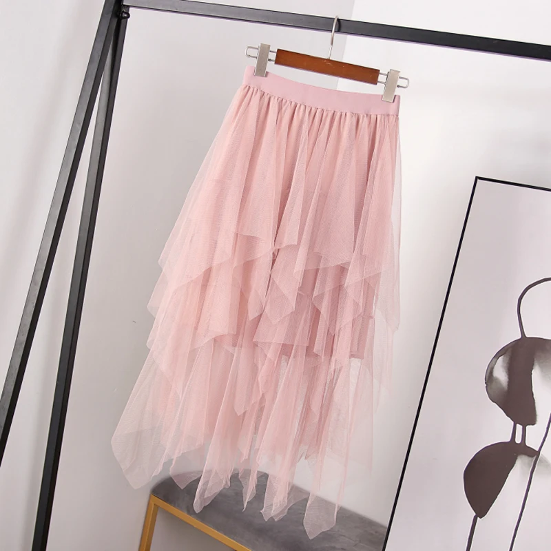 

Tulle Skirts Womens Midi Pleated Skirt Pink Tulle Skirt Women 2019 Summer Elastic High Waist Mesh Tutu Skirt jupe tulle femme