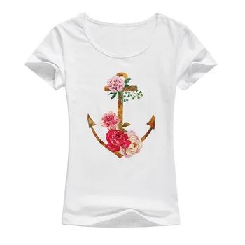 

Ship Anchor T shirt 2017 Fashion Flowers anchor Design Summer Women Tops Hot Sales Tee Short Sleeves Shirts casual tops A90