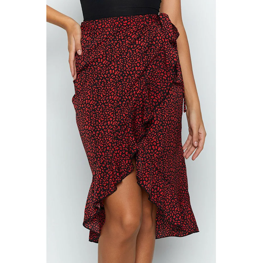 

New Fashion Women Leopard High Split Midi Skirt Ladies Summer Party Evening Wrap Irregular Ruffle Skirt Lace up Bodycon Sundress