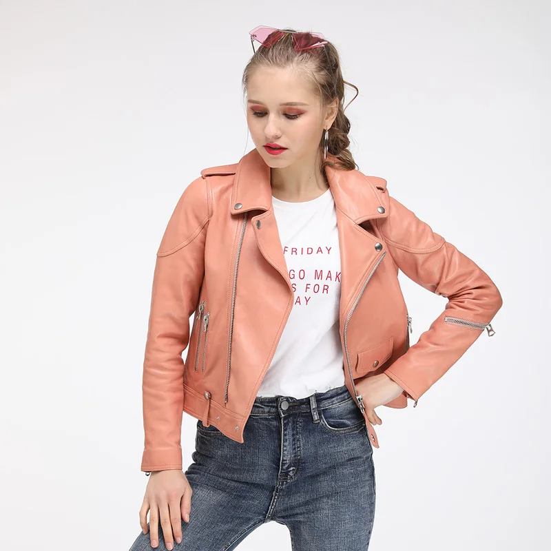 Maylofuer2019 Fashion Women Spring Autumn Pink Genuine Leather Jackets Zipper Basic Coat Turn-down Collar Biker Jacket With Blet