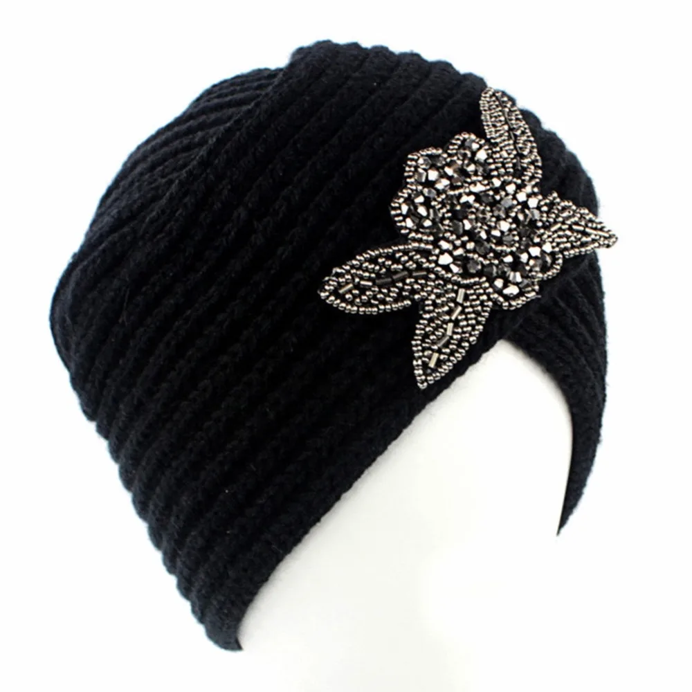 

Women Lady Crystal Flower Skullies Woolen Knitted Crochet Beanies Warm Winter Hats Ski Caps Muslim Bonnet