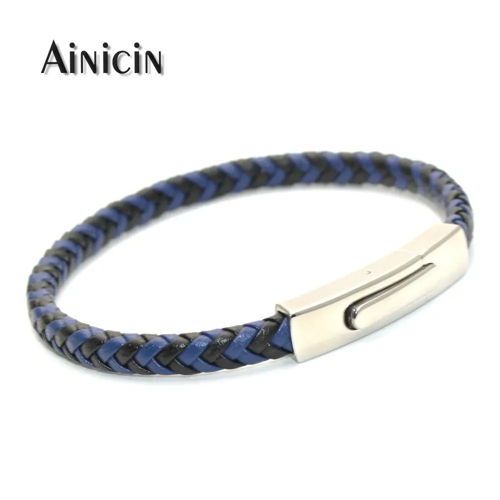 High Quality 6mm Wide Genuine Black Blue Woven Leather Bracelets