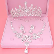 Модный серебряный с кристаллами, наборы свадебных ювелирных изделий для невесты, женские Стразы, ожерелье, серьги, корона, свадебные ювелирные изделия, аксессуары