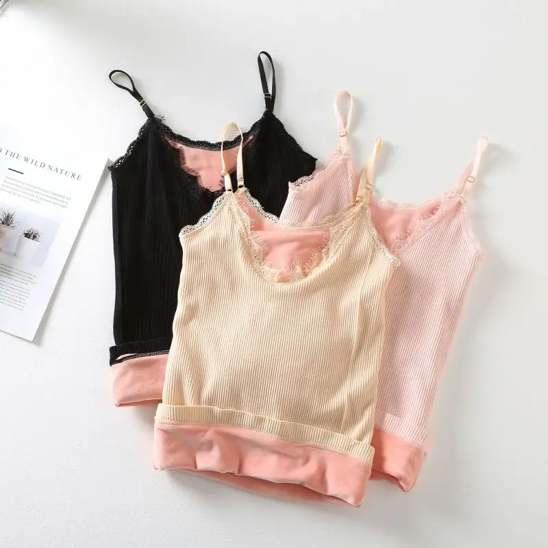 Ladies Elastic Shoulder Straps Seamless Plus Velvet Warm Sling Double Vest Lace Patchwork Knited Camisoles bottoming Tops Female