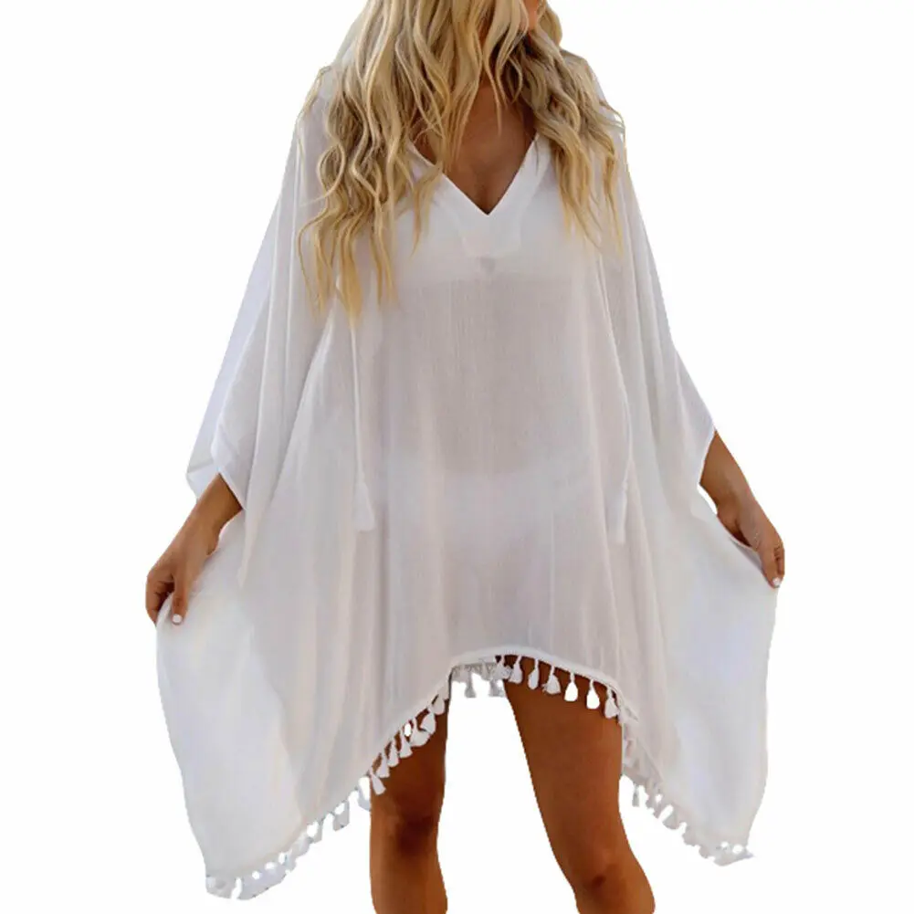 

Summer Women Sexy Tassel Deep V Neck Dress Bat Sleeves Cover Up Swimwear Bikini Loose Solid Cover Up Beachwear