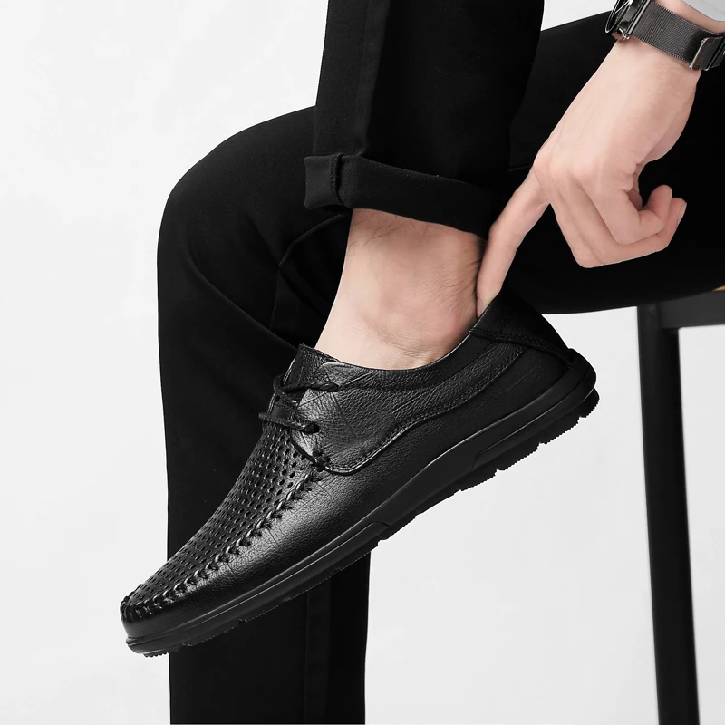 

2019 Men Loafers shoes outdoor Luxury Brand Men Fashion Casual Male Shoes Lace up Men hole Leather Shoes Leather Flat Shoes L5