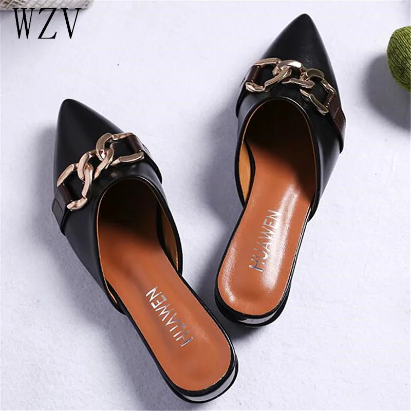 

Size 34-41 Women Slippers 2019 Fashion Metal Chain Pointed Toe Mules Shoes Flat Slides Summer Flip Flop Outside Low Heels E800