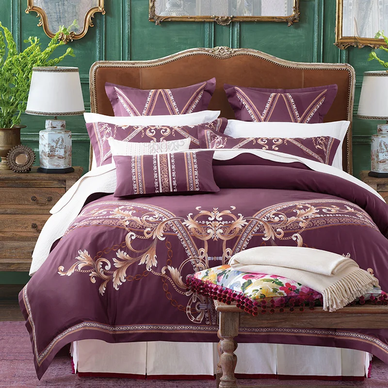 

DIFUNINA Purple Luxury Bed Linings Long-staple Cotton Bedding Set 4 pcs Sets Embroidered Bed Sheet Pillowcase Duvet Cover