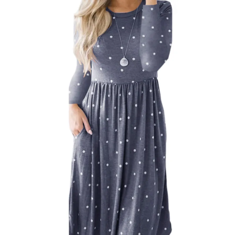 

New Women Vintage Dress Robe Femme Casual Loose A-line Midi Dress O-neck Pockets Polka Dot Dress Pleated Plus Size Party PL515G